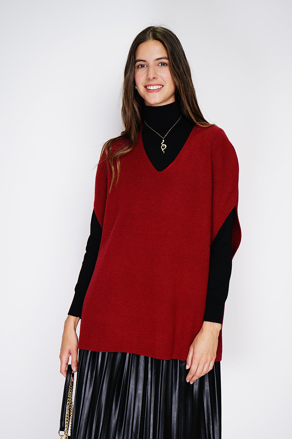 Maglione poncho con scollo a V lavorato a maglia Bordeaux