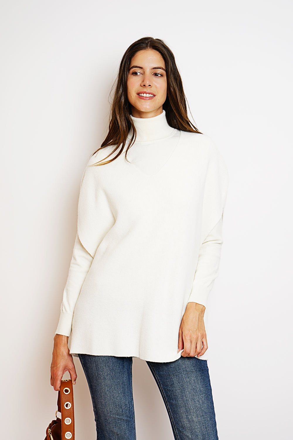 Maglione poncho con scollo a V lavorato a maglia Naturale
