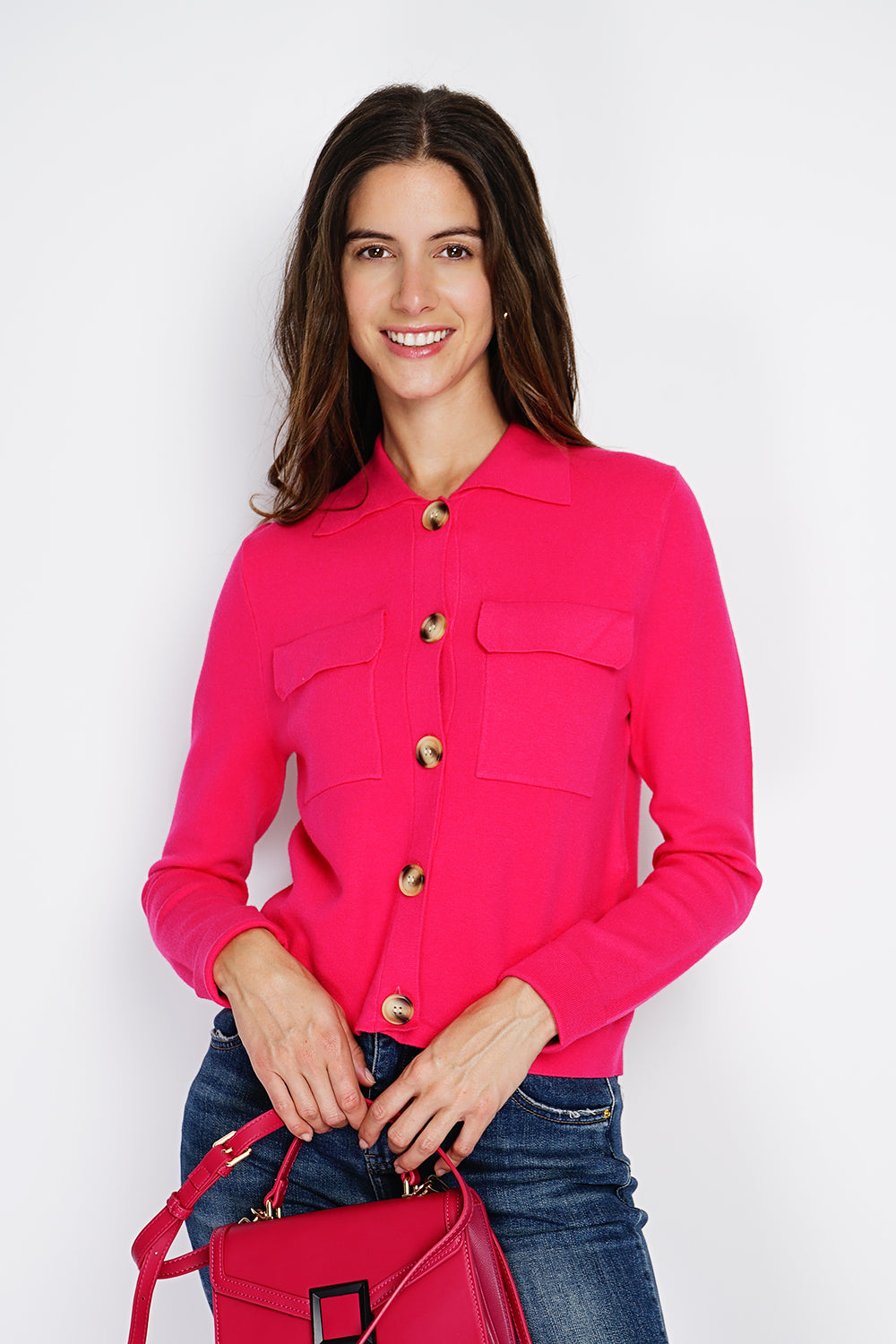 Elegante gilet abbottonato, tasche con patta e maniche lunghe Fucsia