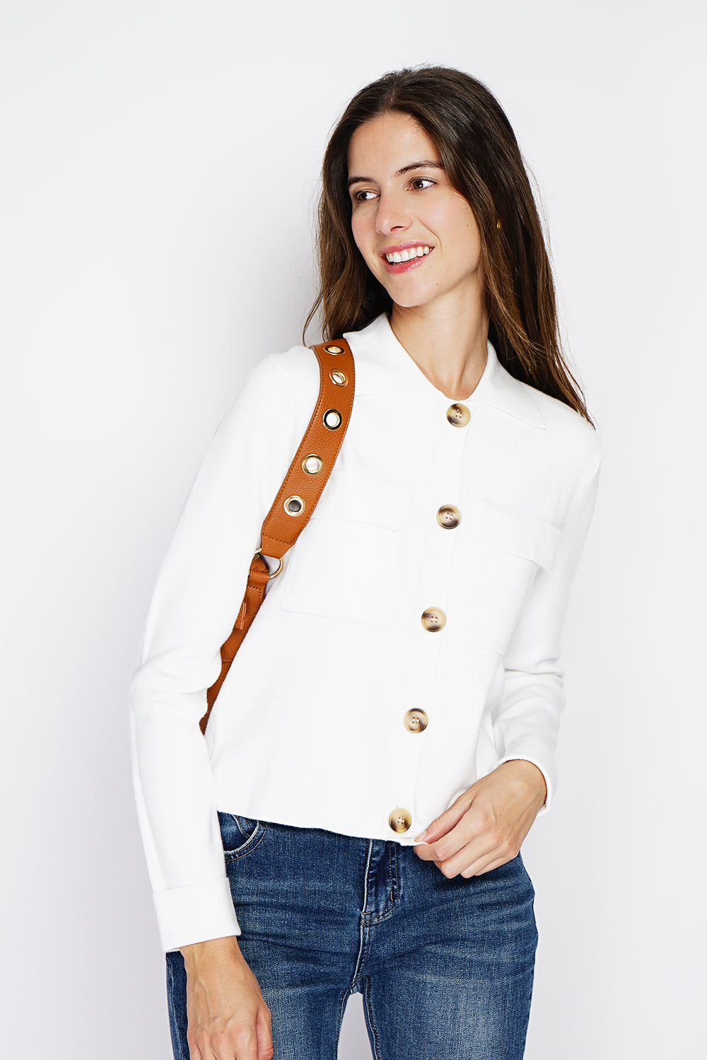 Elegante gilet abbottonato, tasche con patta e maniche lunghe Naturale