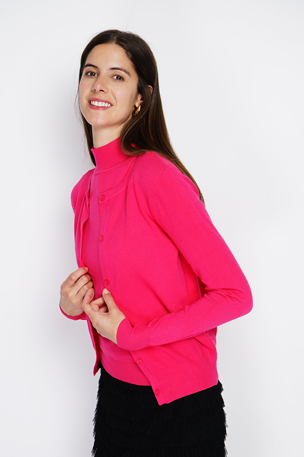 Classico dolcevita in maglia a 3 strati con maniche lunghe Fucsia