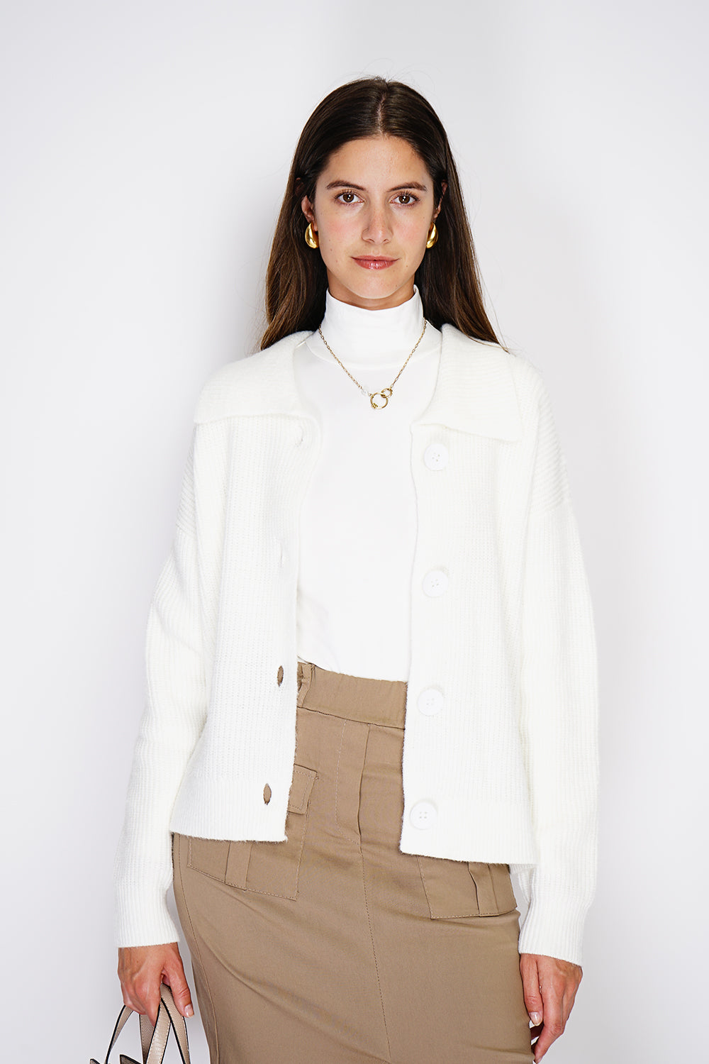 Cardigan con ampio colletto a coste e bottoni fantasia Naturale