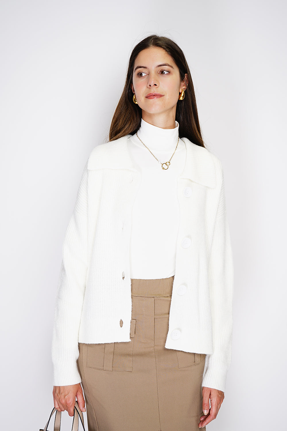 Cardigan con ampio colletto a coste e bottoni fantasia Naturale