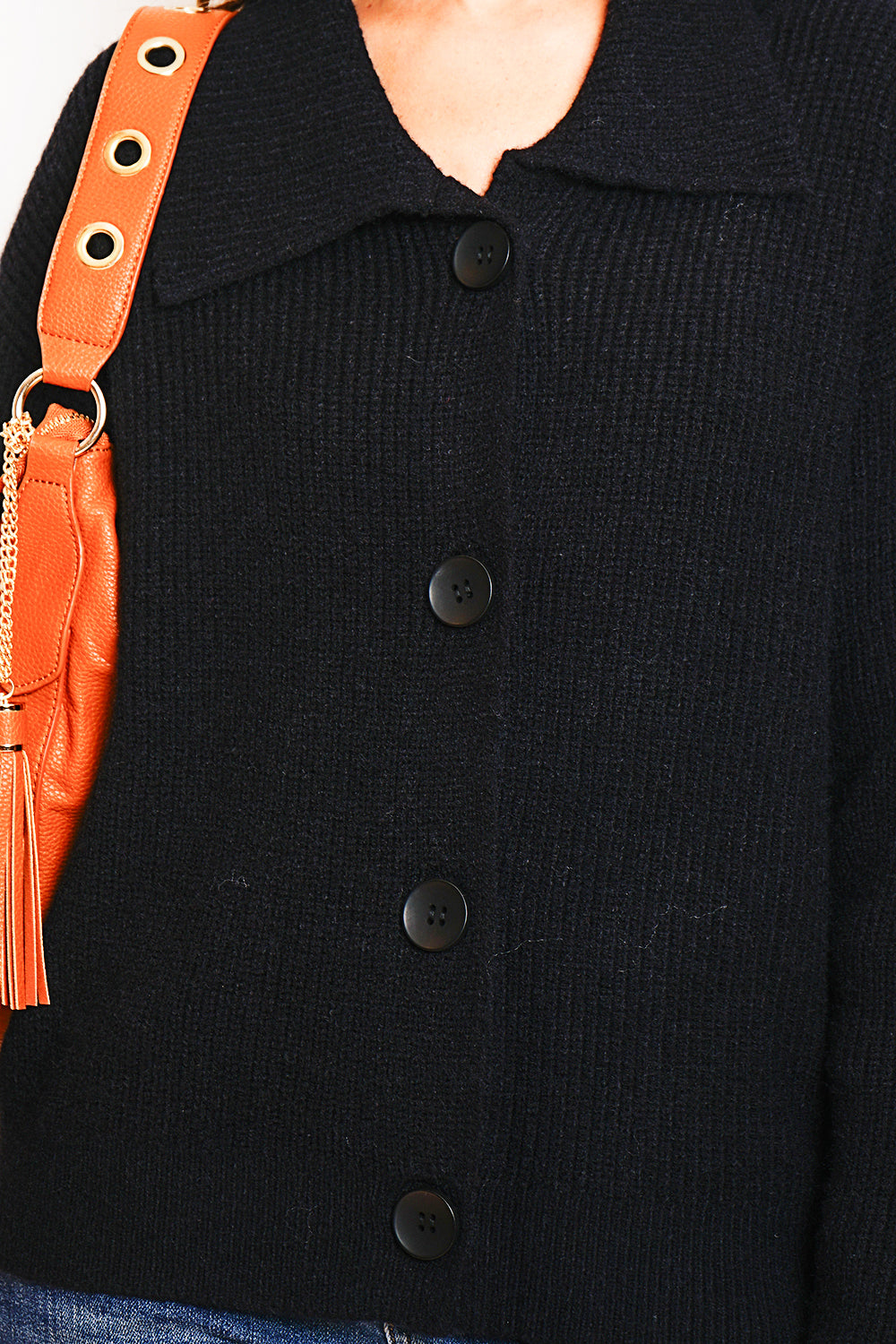 Cardigan con ampio colletto a coste e bottoni fantasia Nero