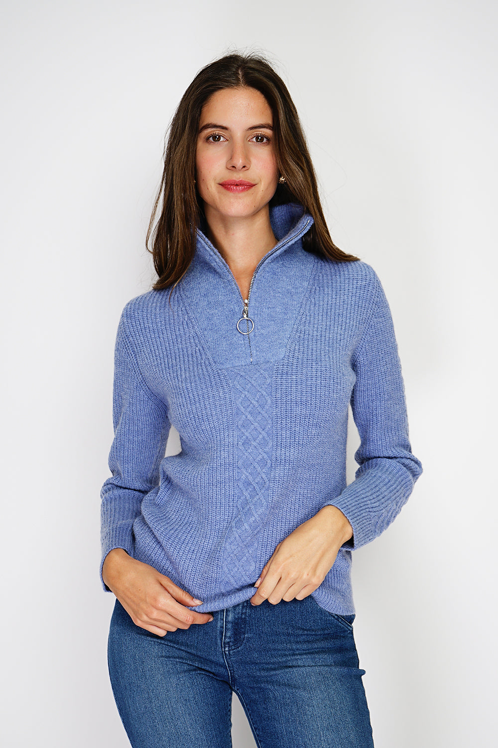 Maglione a coste con cerniera, davanti lavorato a maglia fantasia con maniche lunghe - Jeans Blue