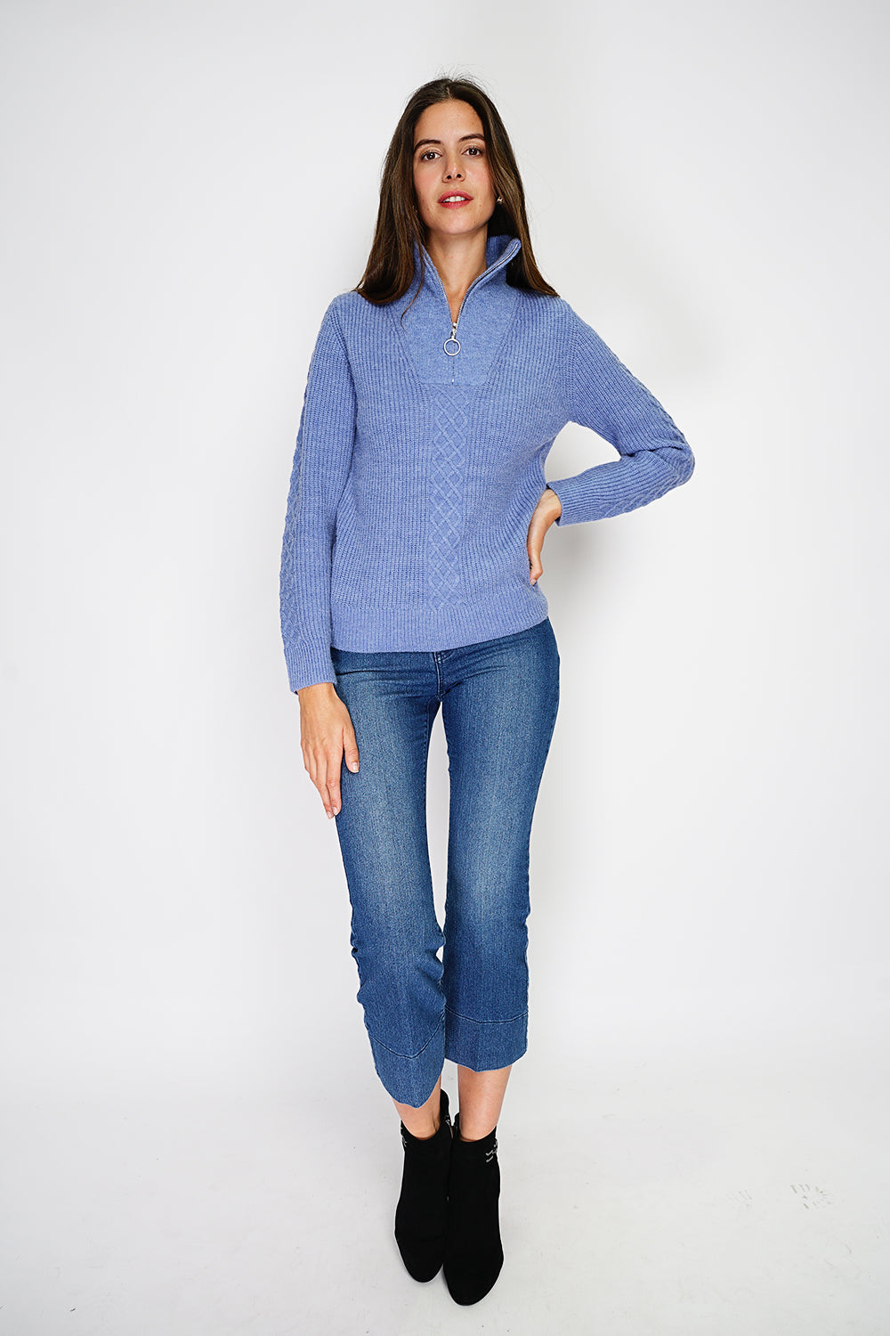 Maglione a coste con cerniera, davanti lavorato a maglia fantasia con maniche lunghe - Jeans Blue