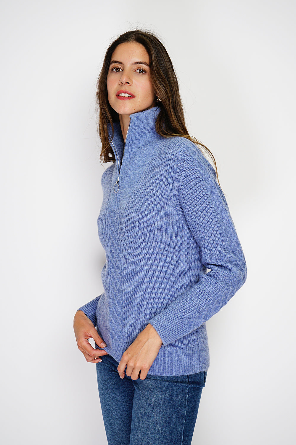 Maglione a coste con cerniera, davanti lavorato a maglia fantasia con maniche lunghe - Jeans Blue