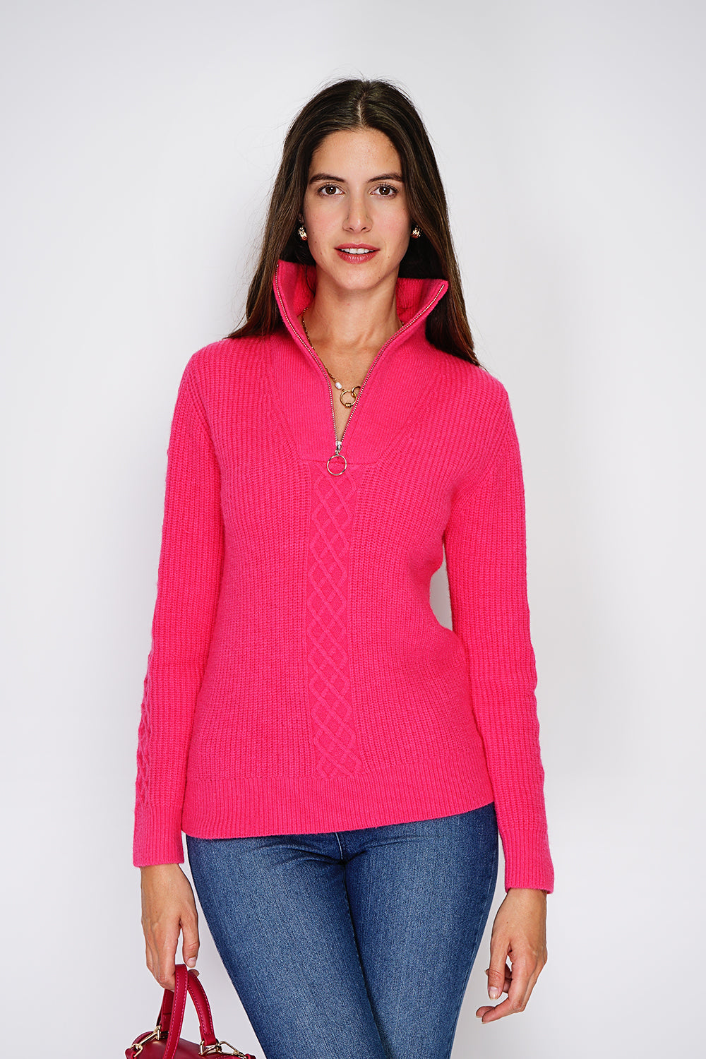 Maglione a coste con cerniera. Parte anteriore lavorata a maglia fantasia con maniche lunghe - Fucsia