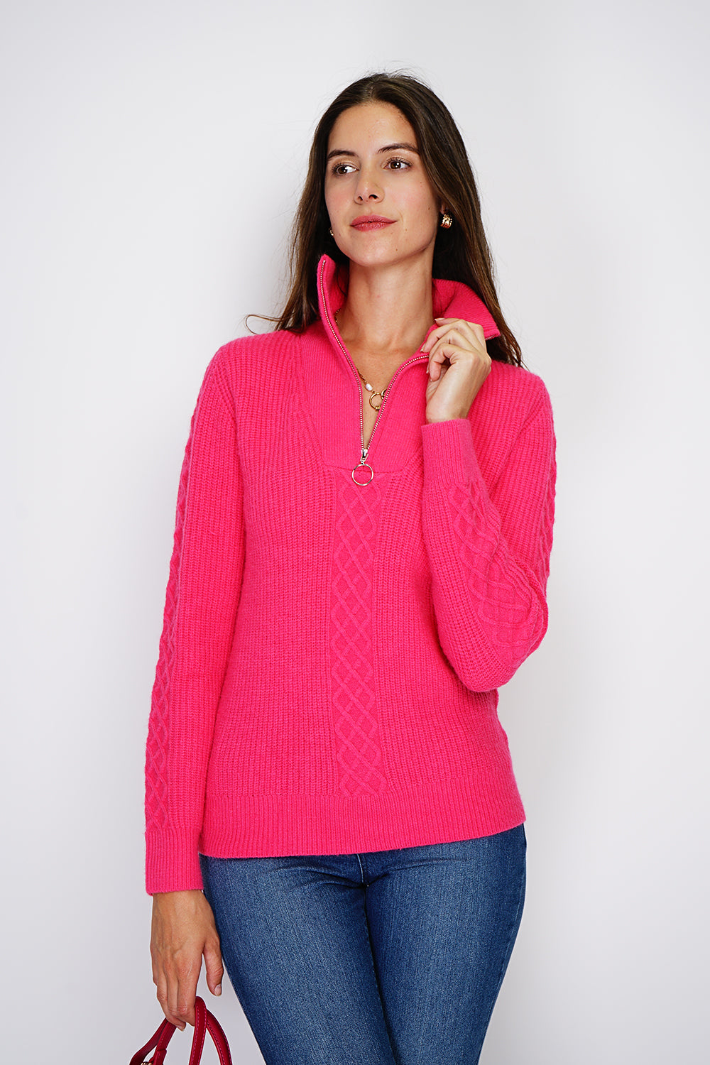 Maglione a coste con cerniera. Parte anteriore lavorata a maglia fantasia con maniche lunghe - Fucsia