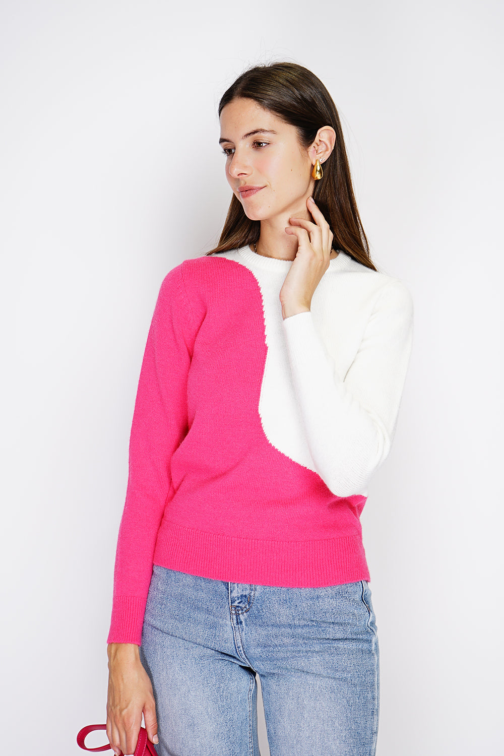 Maglione girocollo bicolore con maniche lunghe - Fucsia