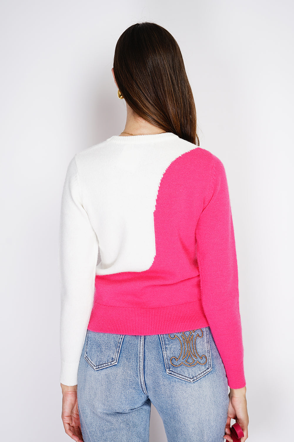 Maglione girocollo bicolore con maniche lunghe - Fucsia