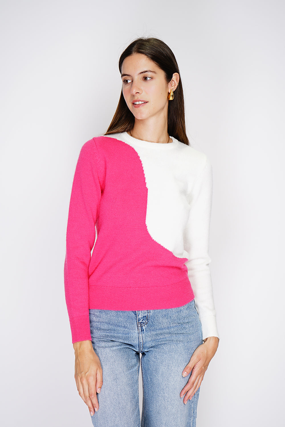Maglione girocollo bicolore con maniche lunghe - Fucsia