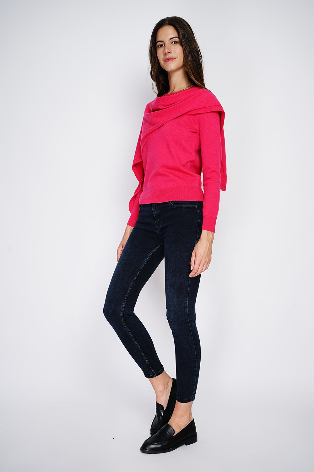 Maglione girocollo con sciarpa a manica lunga Fucsia