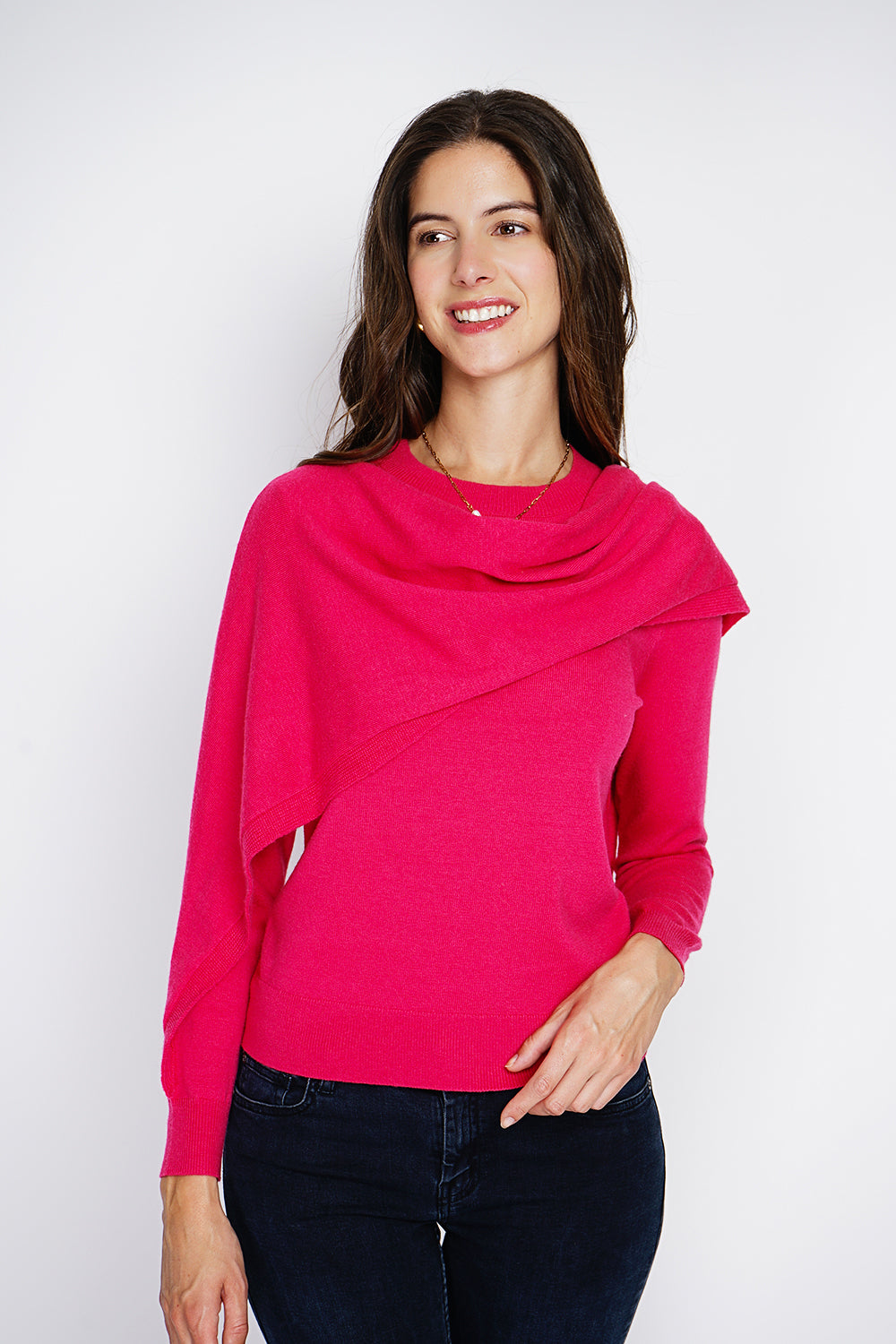Maglione girocollo con sciarpa a manica lunga Fucsia