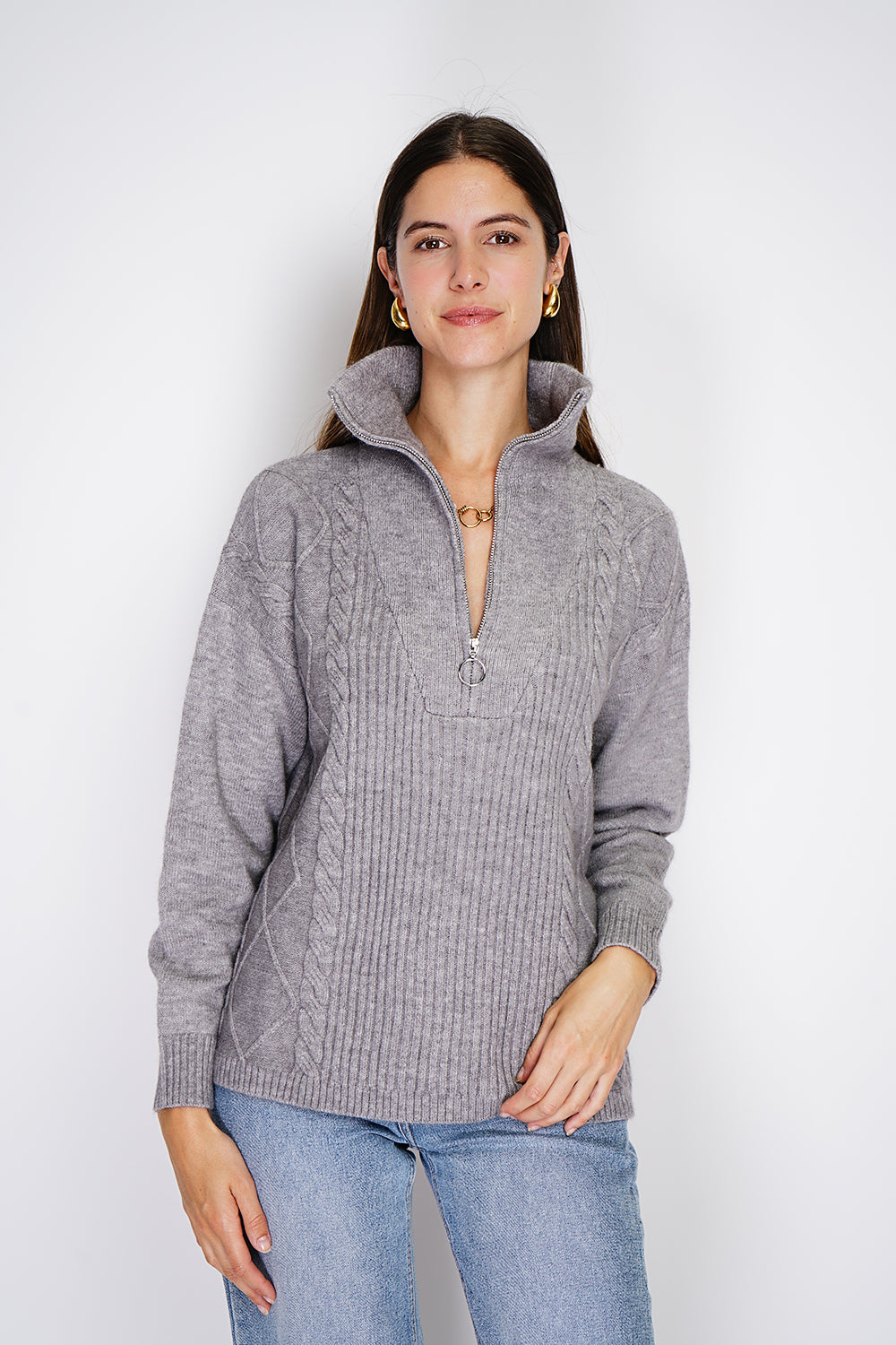 Maglione poncho con collo alto e chiusura a zip, lavorazione a maglia fantasia con maniche lunghe Flanella