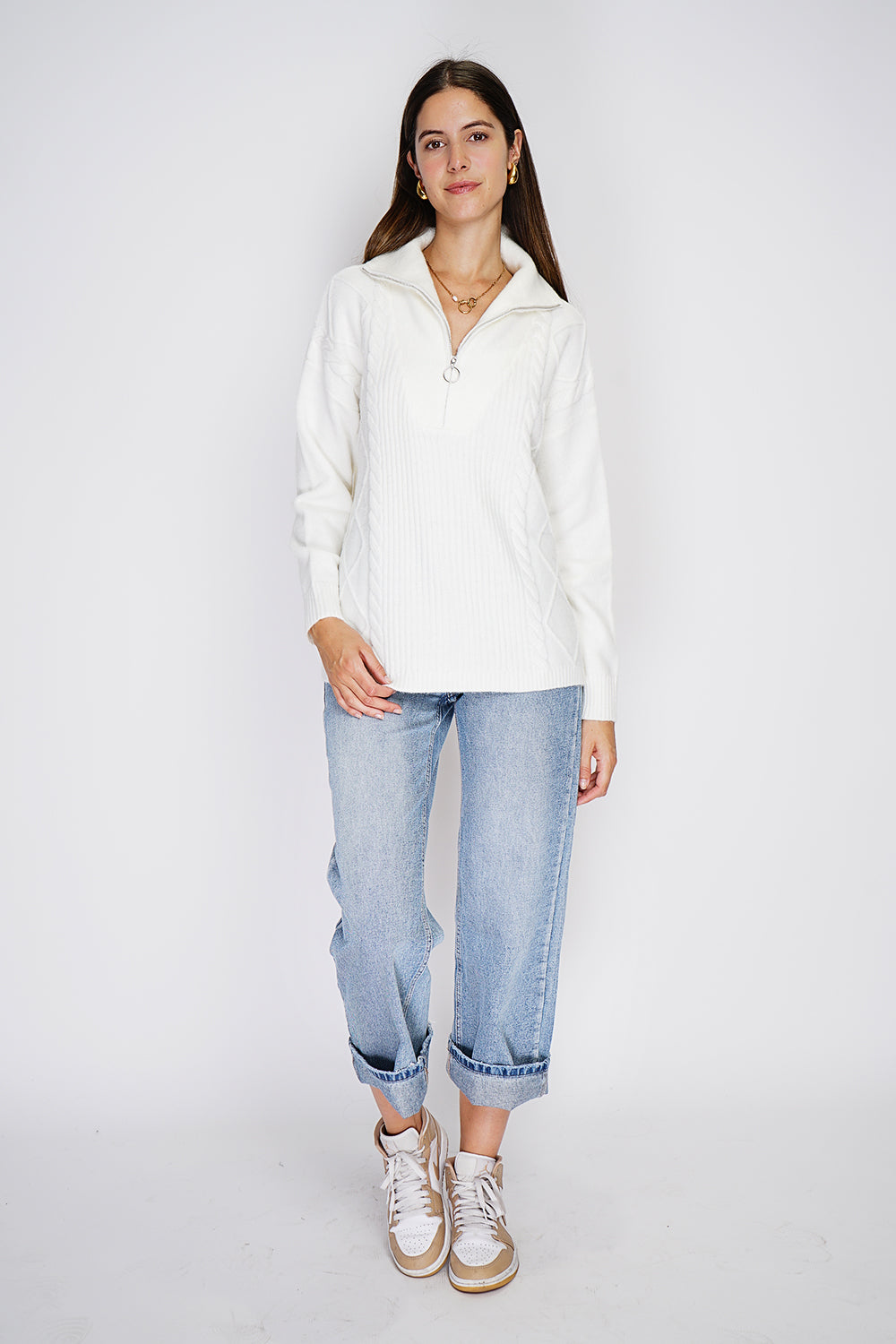 Maglione poncho con collo alto e chiusura a zip, lavorazione a maglia fantasia con maniche lunghe Naturale