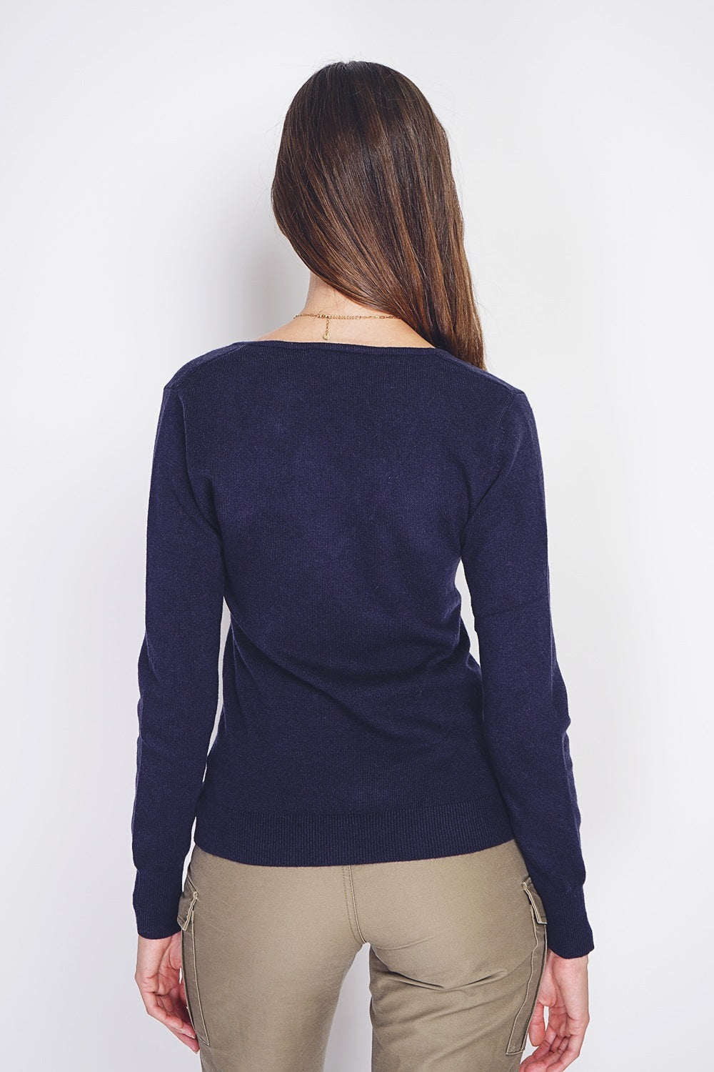 Maglione classico con scollo a V in maglia a 2 fili e maniche lunghe Blu Notte