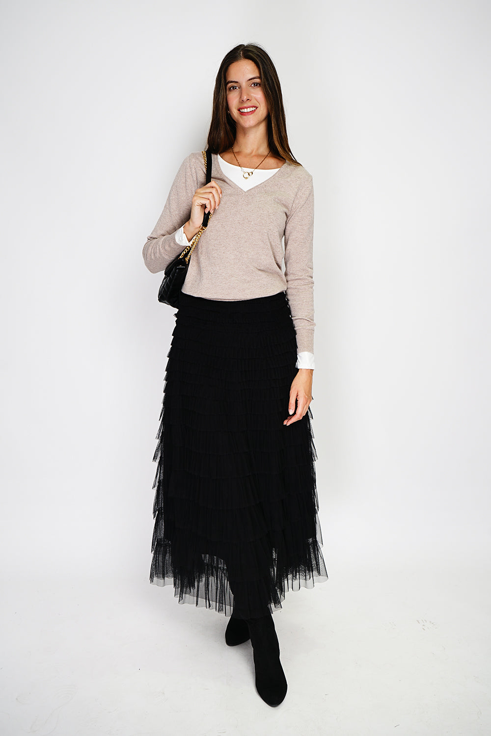 Maglione classico con scollo a V in maglia a 2 fili e maniche lunghe Deserto