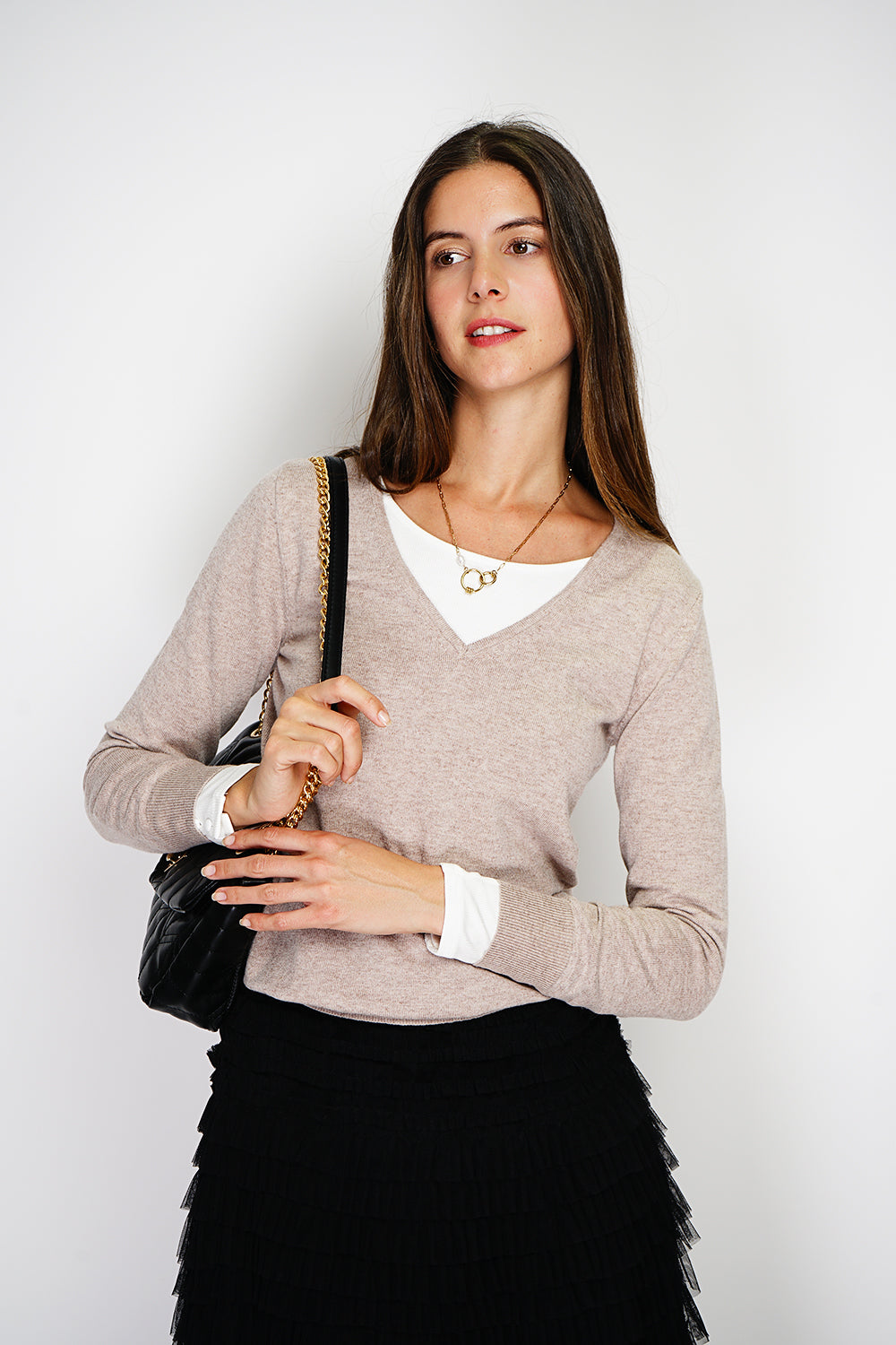 Maglione classico con scollo a V in maglia a 2 fili e maniche lunghe Deserto