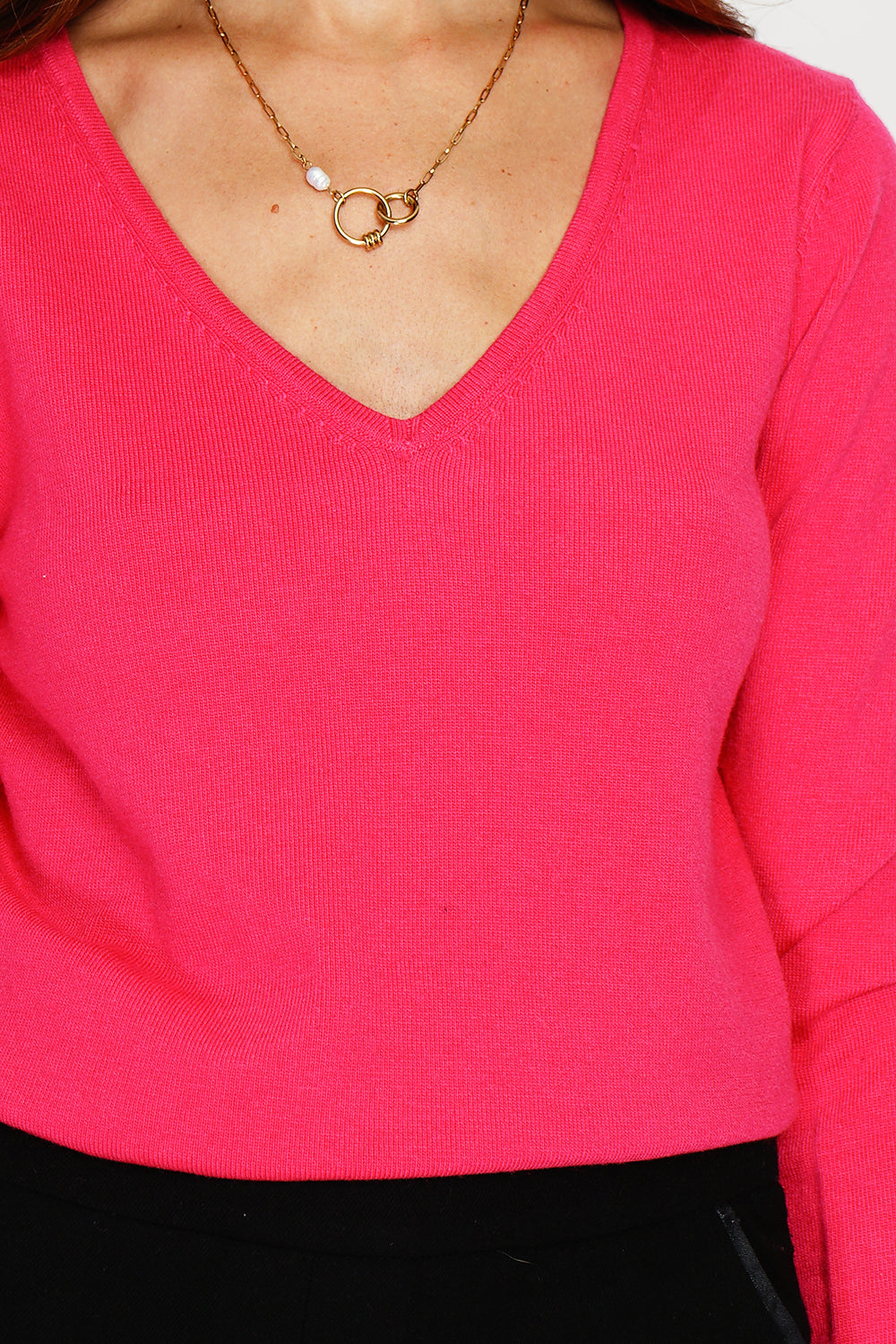 Maglione classico con scollo a V in maglia a 2 fili e maniche lunghe Fucsia