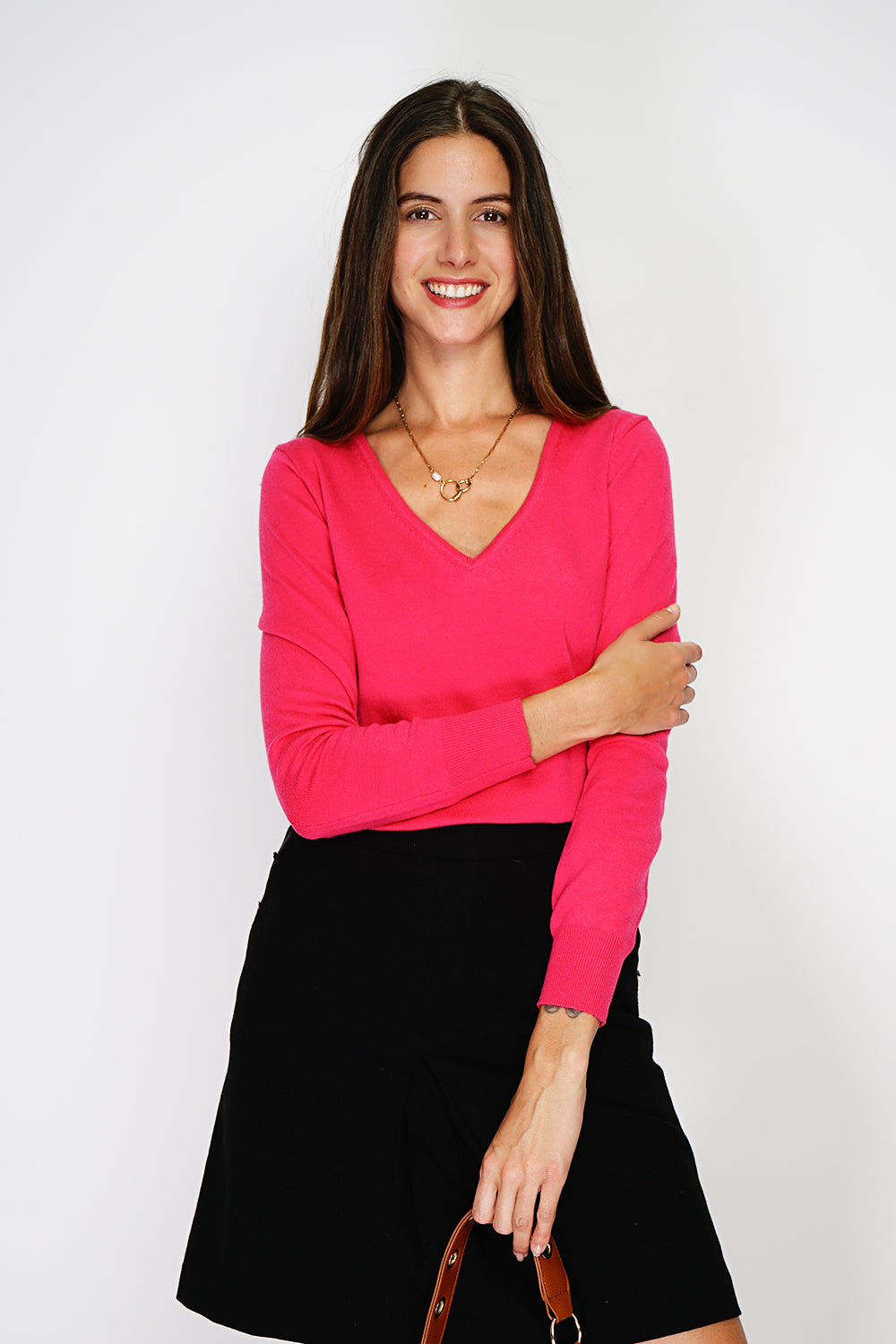 Maglione classico con scollo a V in maglia a 2 fili e maniche lunghe Fucsia