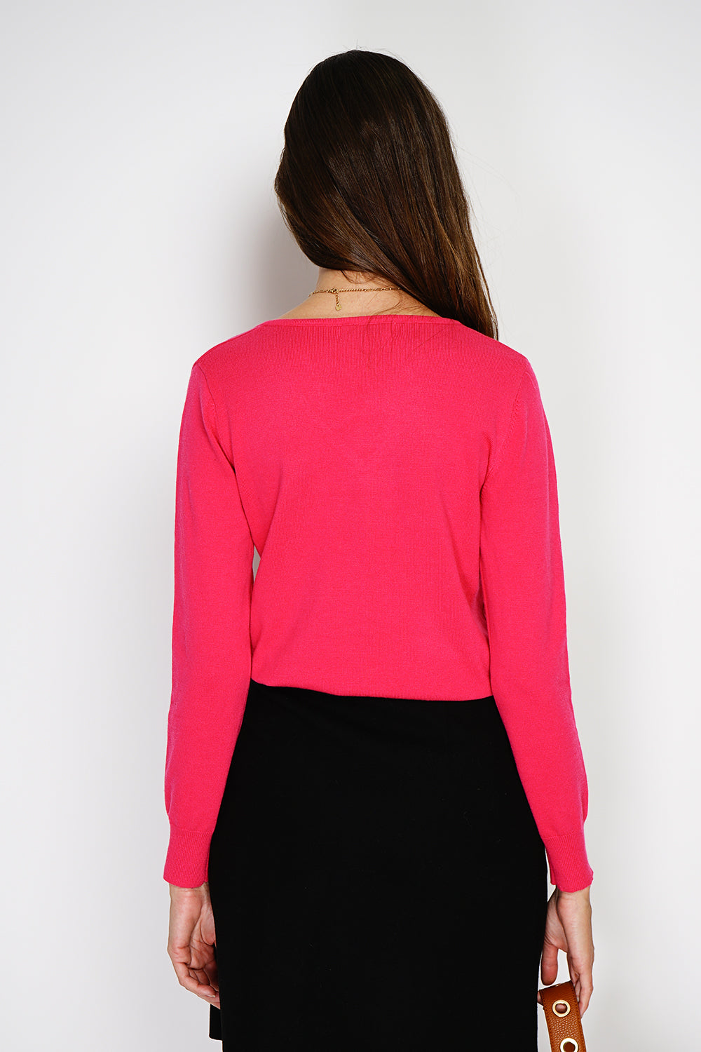 Maglione classico con scollo a V in maglia a 2 fili e maniche lunghe Fucsia