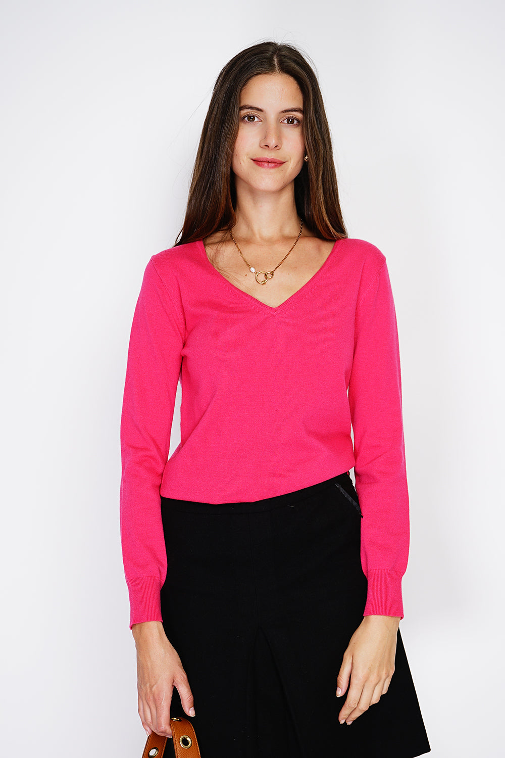 Maglione classico con scollo a V in maglia a 2 fili e maniche lunghe Fucsia