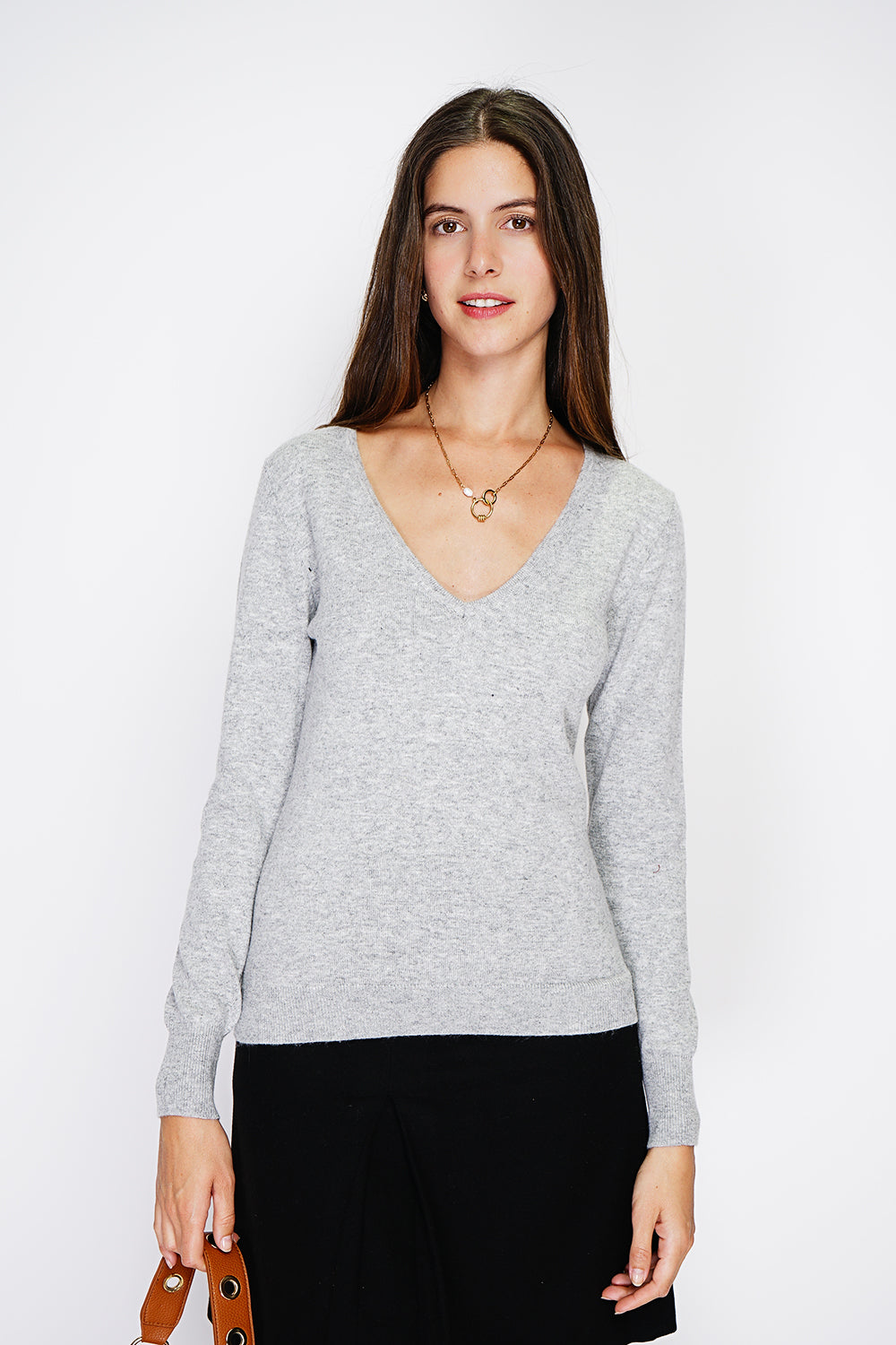 Maglione classico con scollo a V in maglia a 2 fili e maniche lunghe Glassato