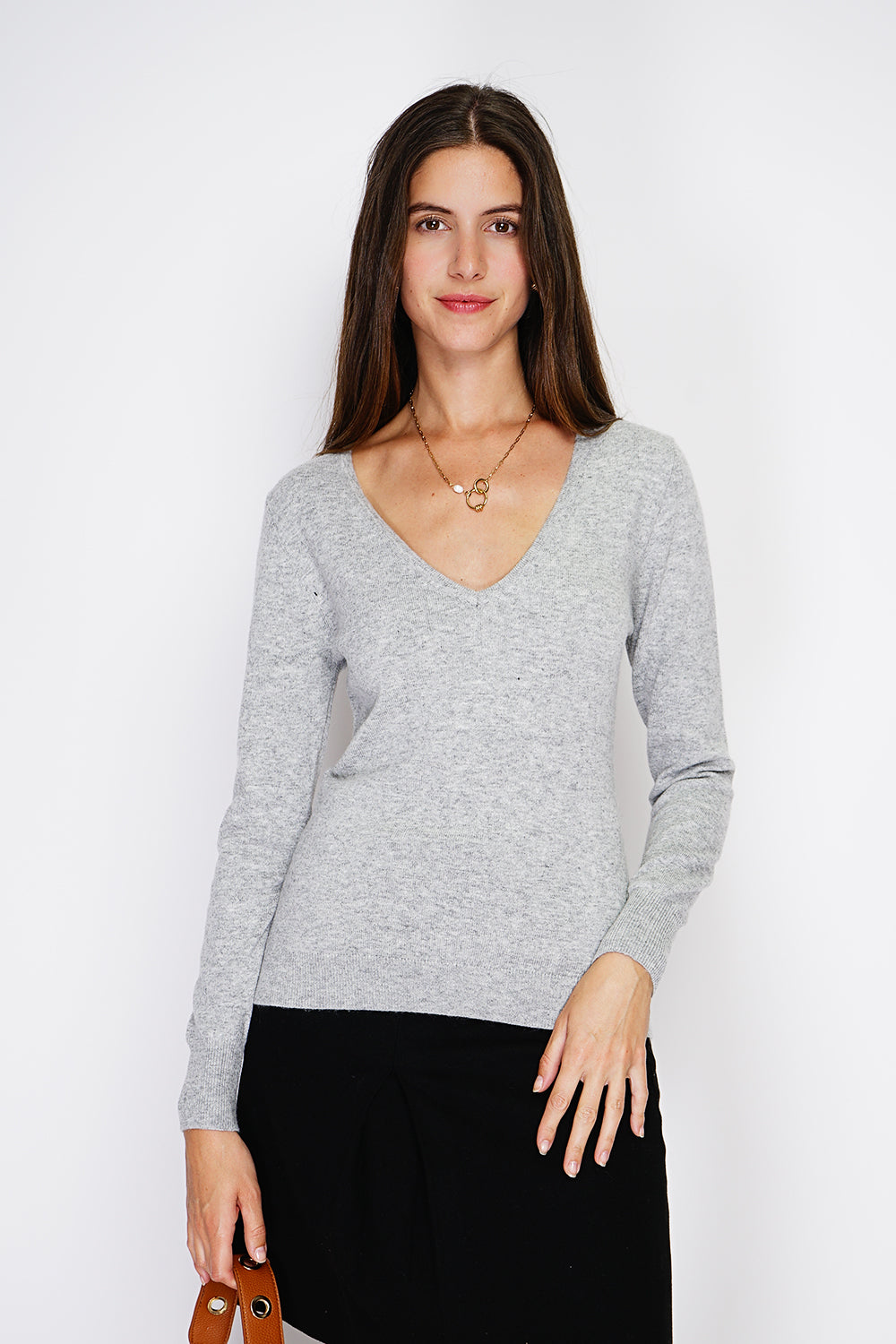 Maglione classico con scollo a V in maglia a 2 fili e maniche lunghe Glassato