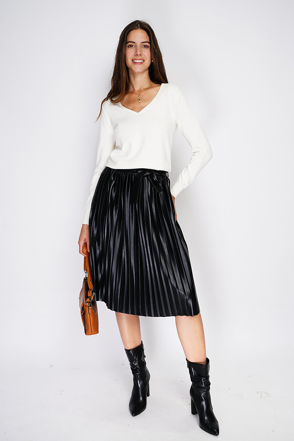 Maglione classico con scollo a V in maglia a 2 fili e maniche lunghe Naturale