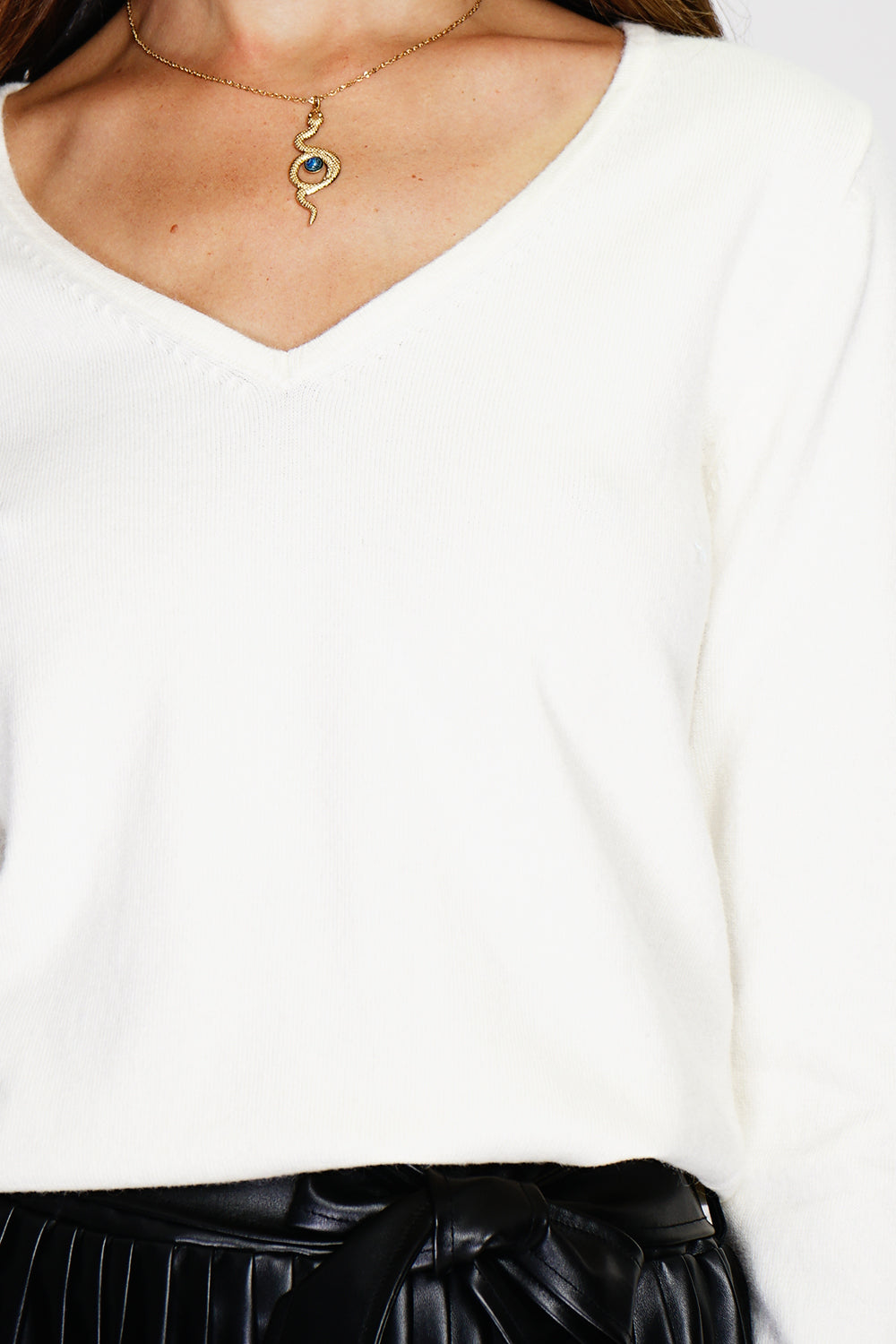 Maglione classico con scollo a V in maglia a 2 fili e maniche lunghe Naturale