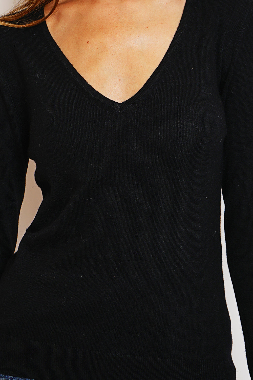 Maglione classico con scollo a V in maglia a 2 fili e maniche lunghe Nero