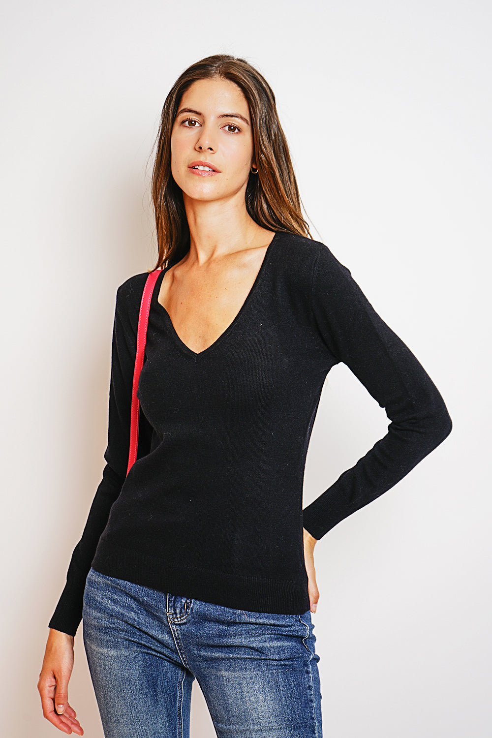 Maglione classico con scollo a V in maglia a 2 fili e maniche lunghe Nero