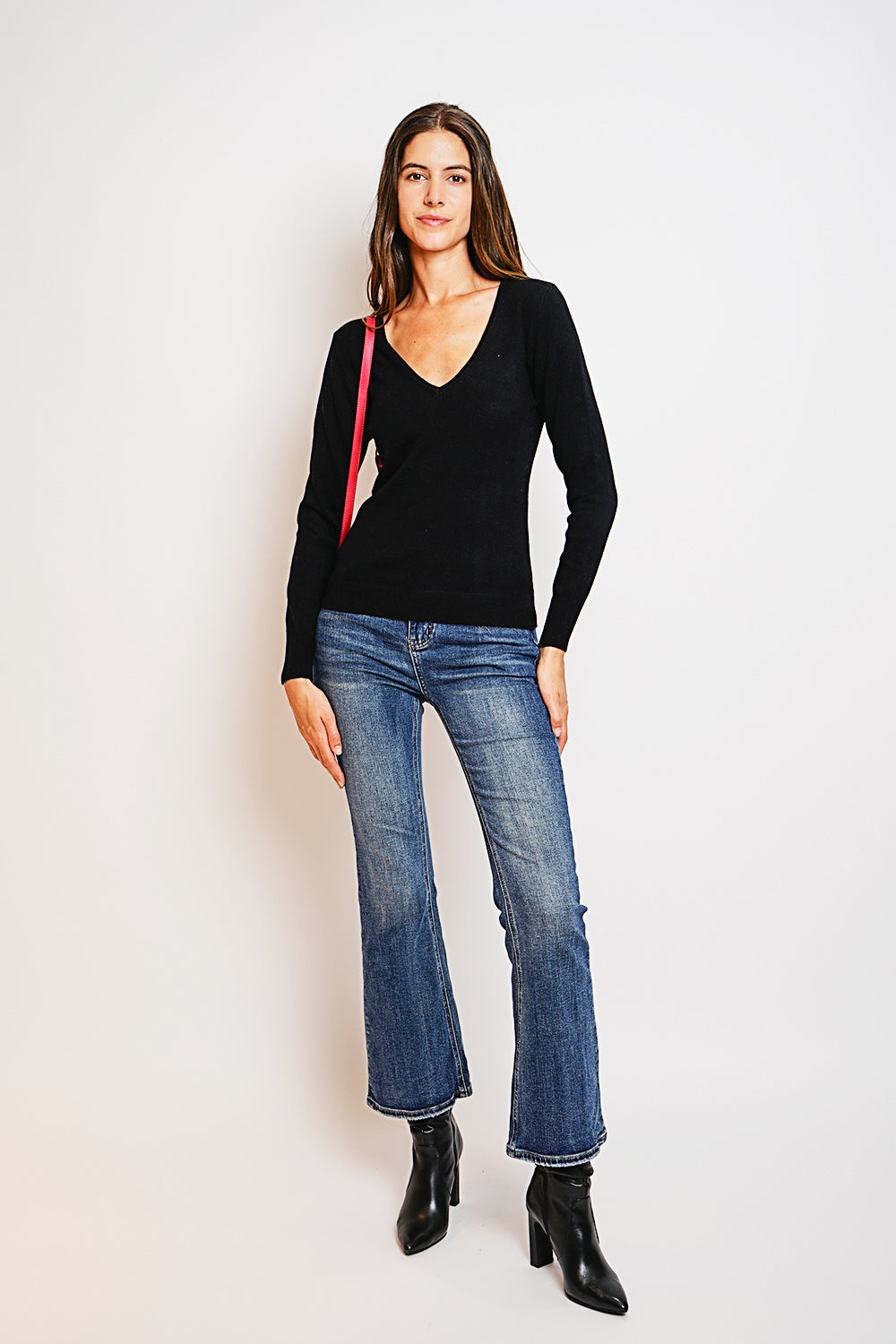 Maglione classico con scollo a V in maglia a 2 fili e maniche lunghe Nero