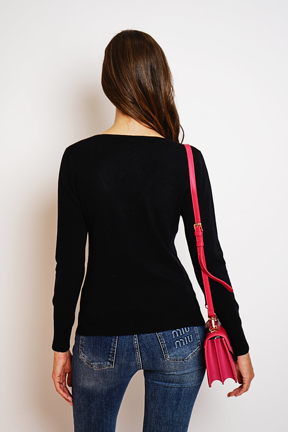 Maglione classico con scollo a V in maglia a 2 fili e maniche lunghe Nero