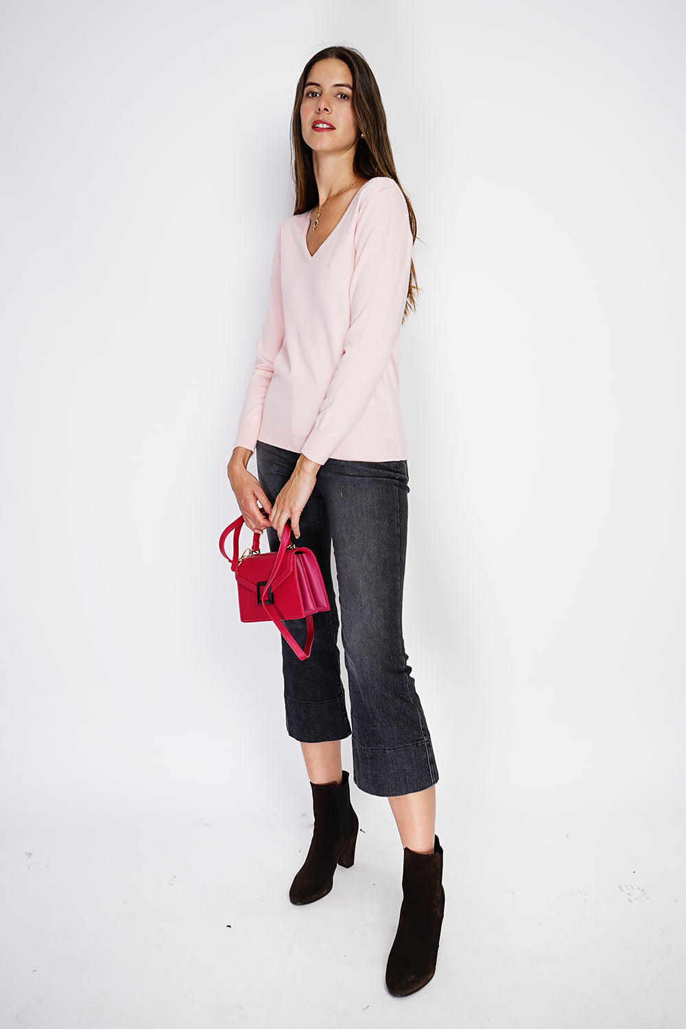 Maglione classico con scollo a V in maglia a 2 fili e maniche lunghe Rosa