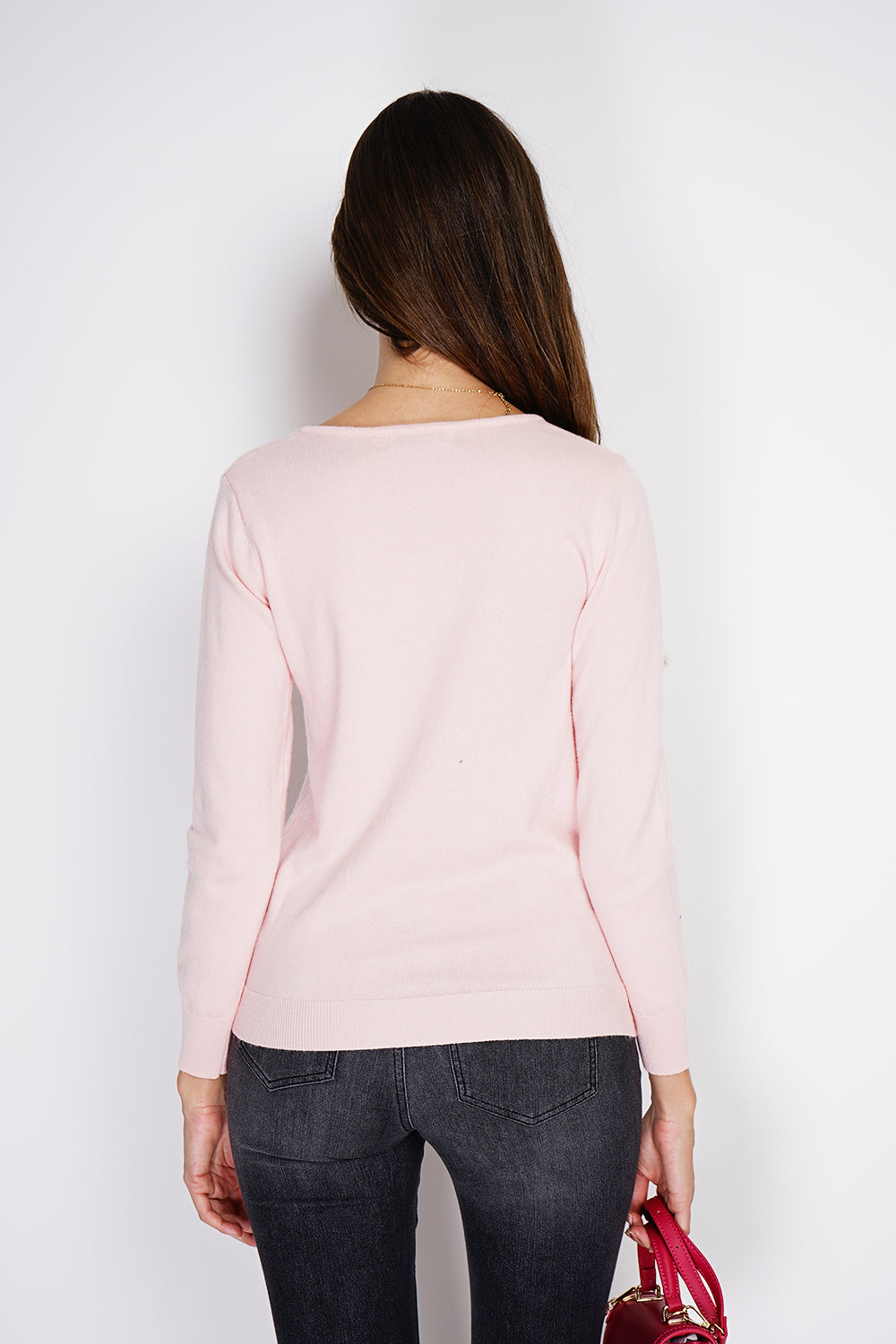 Maglione classico con scollo a V in maglia a 2 fili e maniche lunghe Rosa