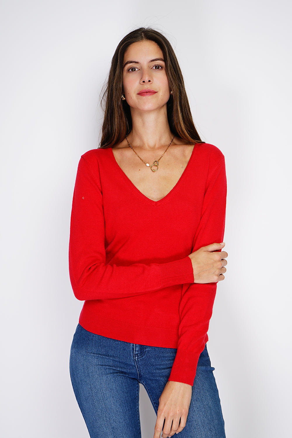 Maglione classico con scollo a V in maglia a 2 fili e maniche lunghe Rosso