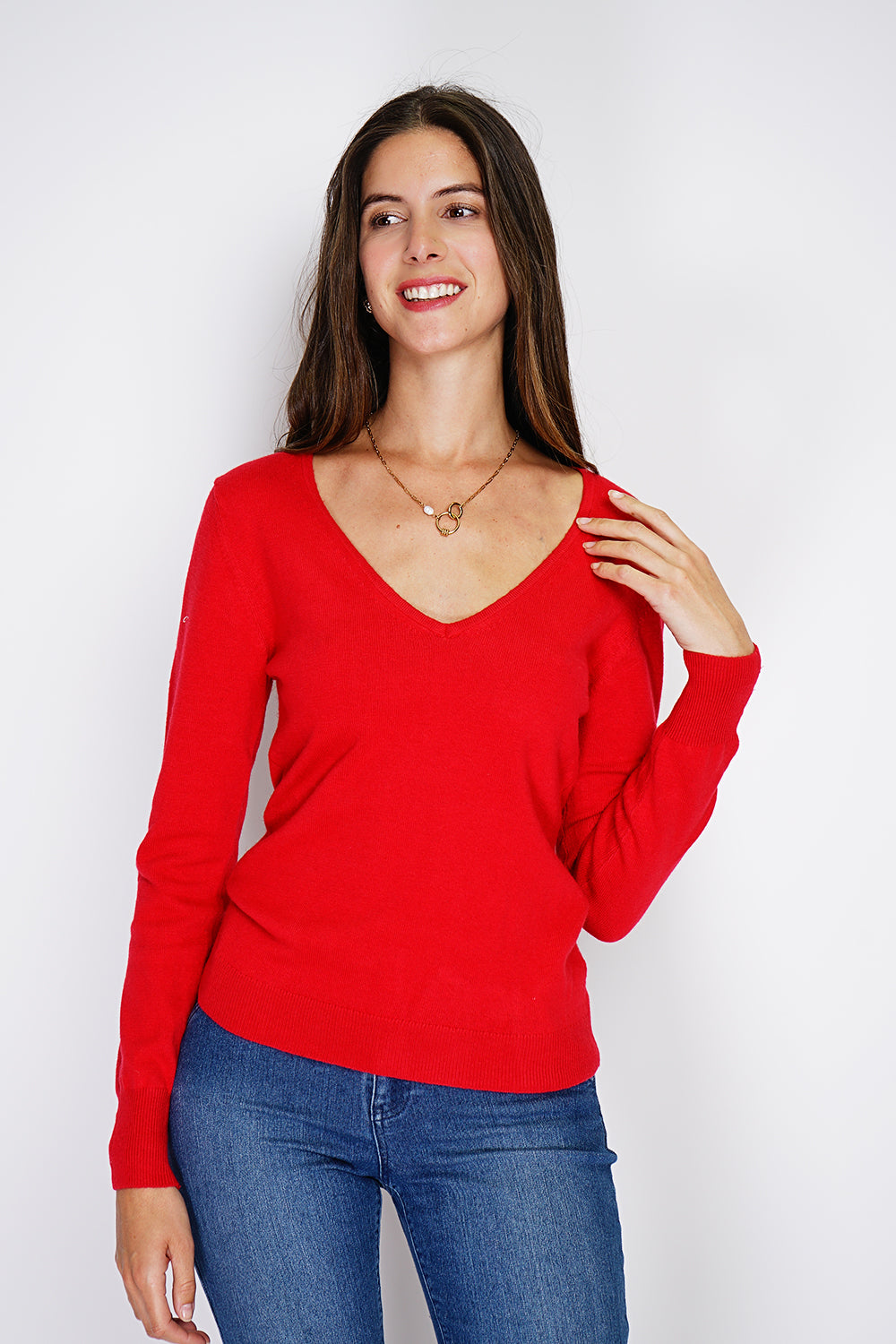 Maglione classico con scollo a V in maglia a 2 fili e maniche lunghe Rosso