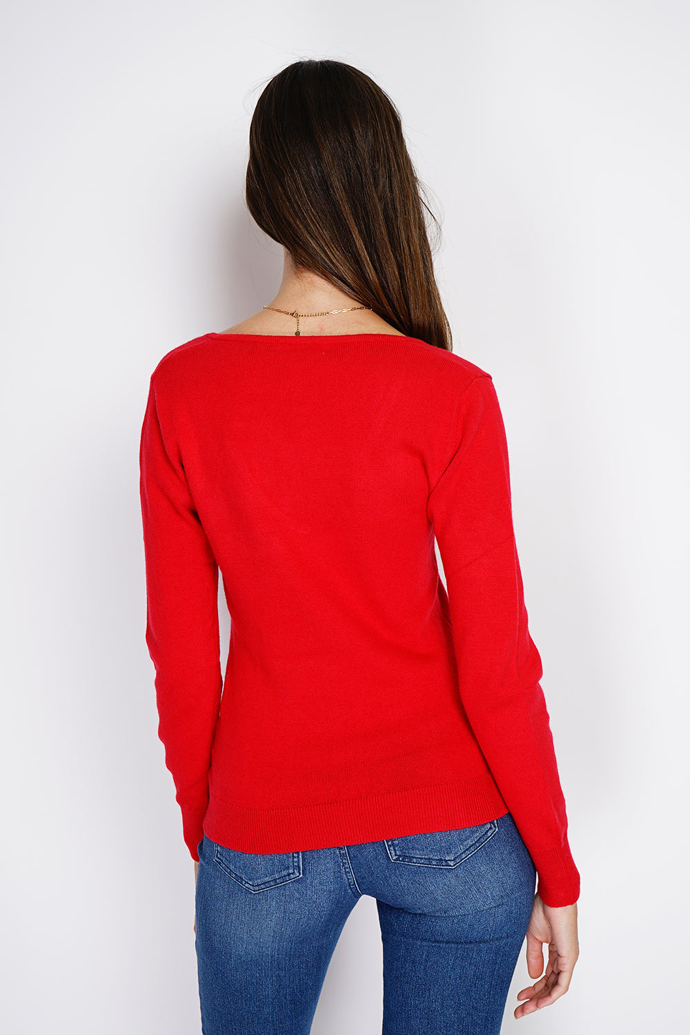 Maglione classico con scollo a V in maglia a 2 fili e maniche lunghe Rosso