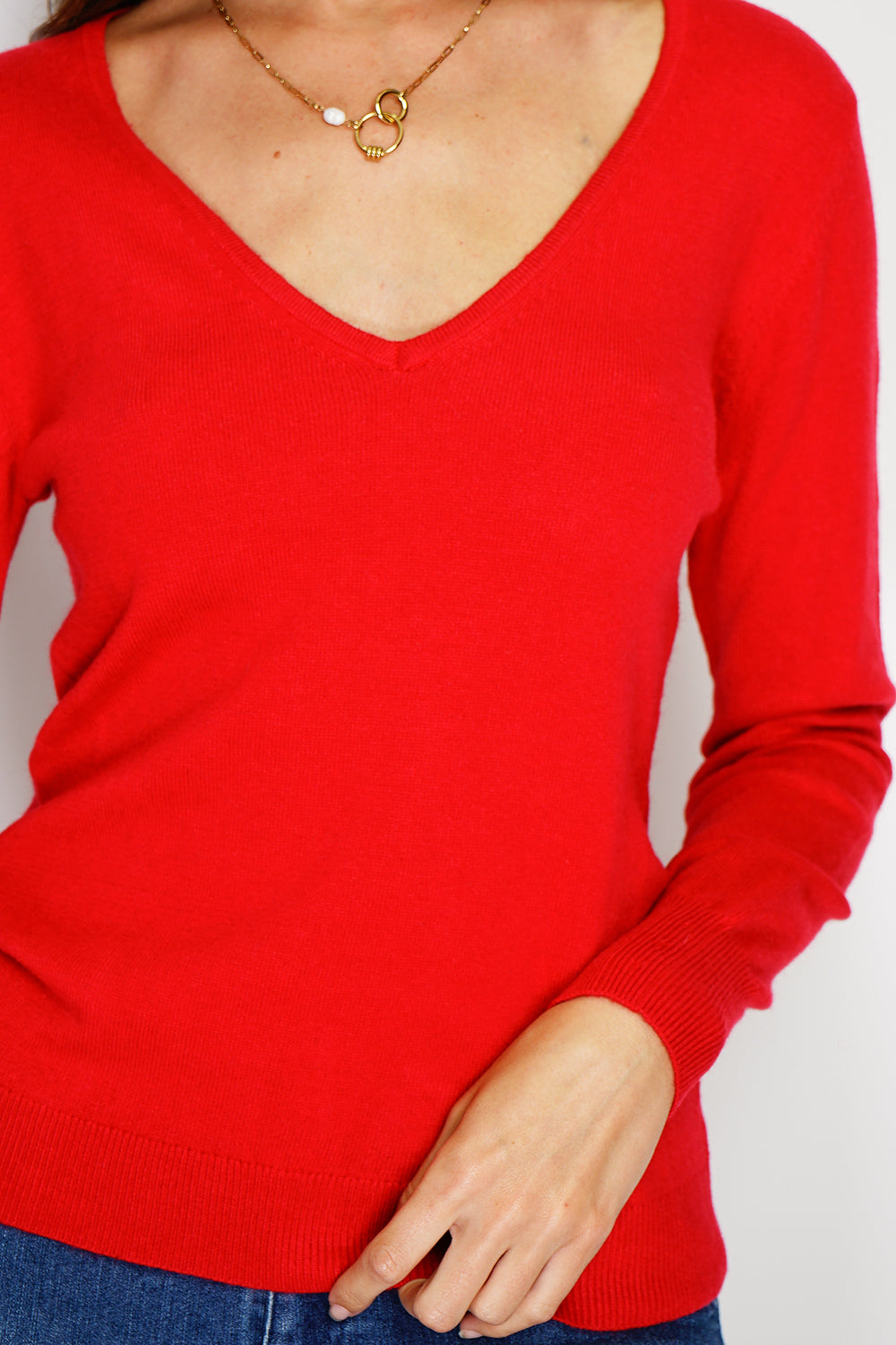Maglione classico con scollo a V in maglia a 2 fili e maniche lunghe Rosso