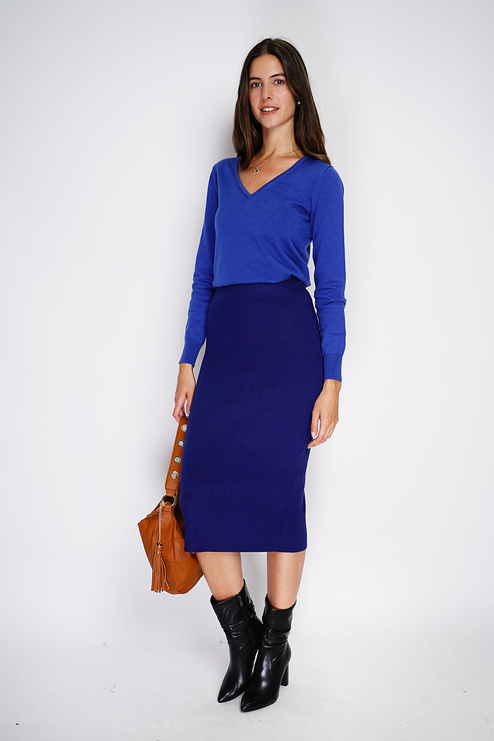 Maglione classico con scollo a V in maglia a 2 fili e maniche lunghe Reale