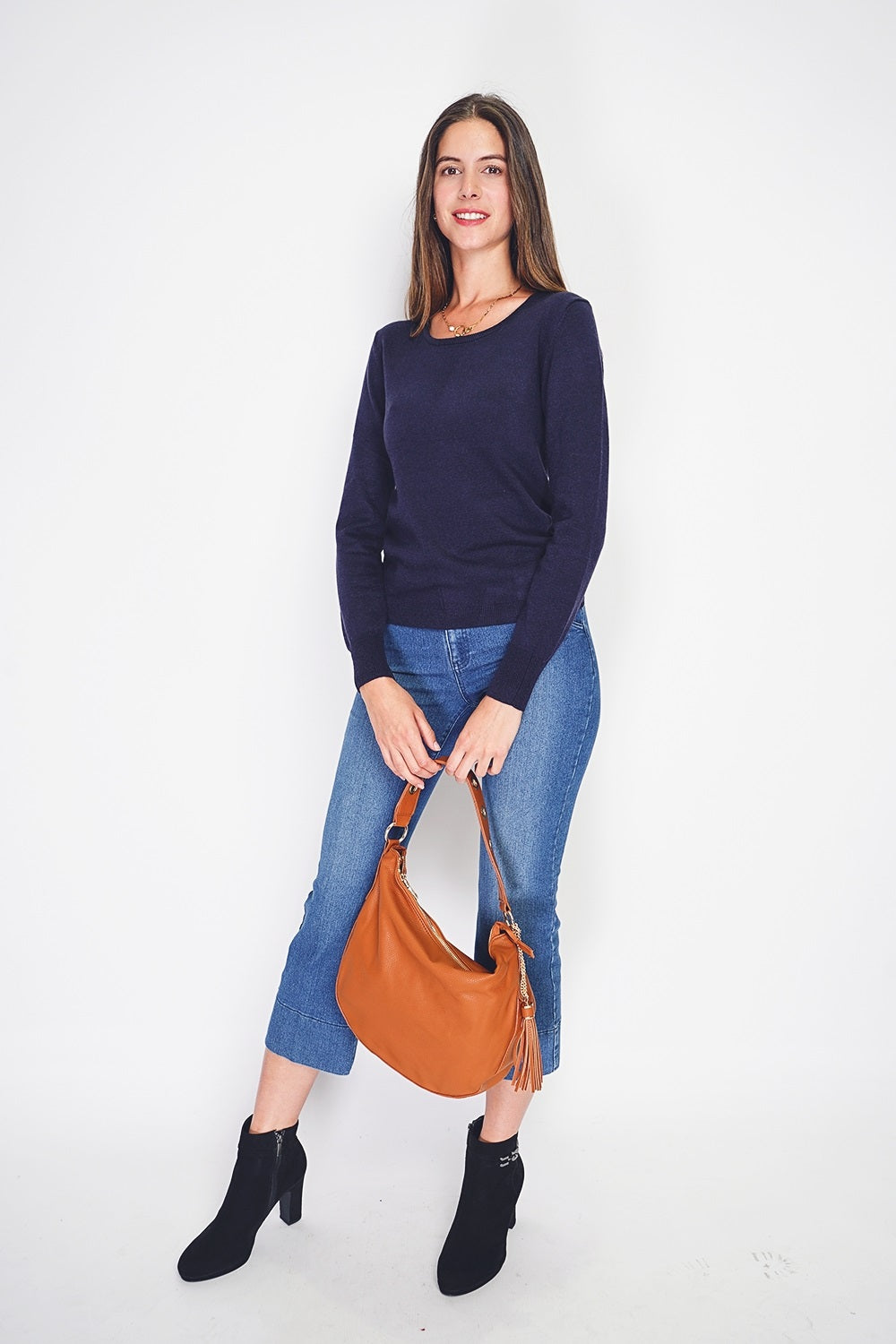 Maglione classico girocollo in maglia a 2 fili con maniche lunghe Blu Notte