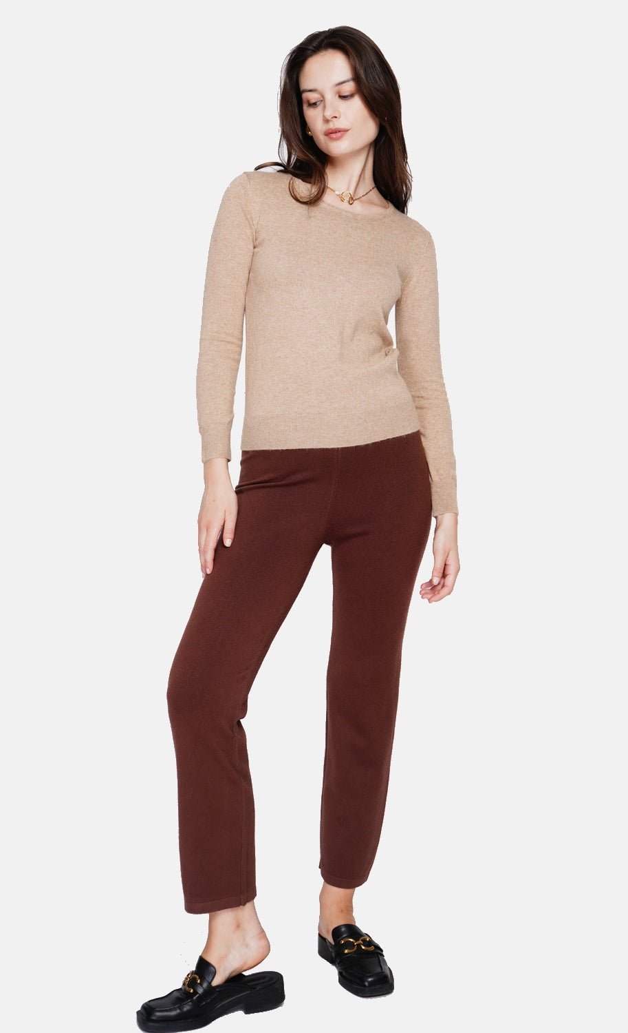 Maglione classico girocollo in maglia a 2 fili con maniche lunghe Cammello