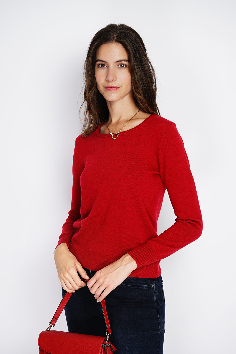 Maglione classico girocollo lavorato a maglia con 2 fili e maniche lunghe - Rosso Hermes