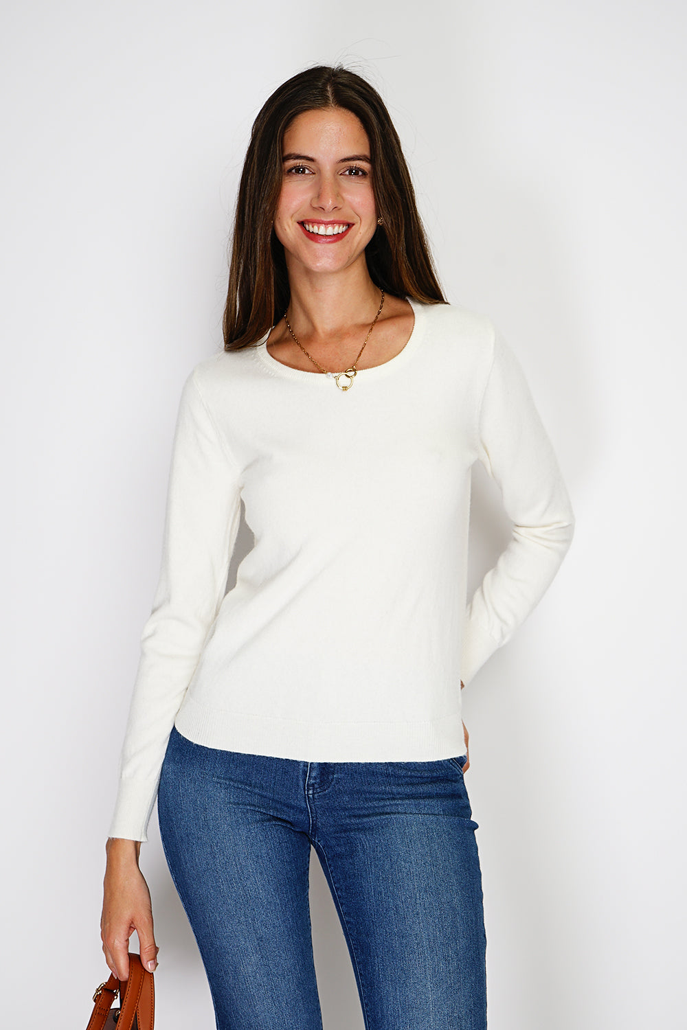 Maglione classico girocollo in maglia a 2 fili con maniche lunghe Naturale