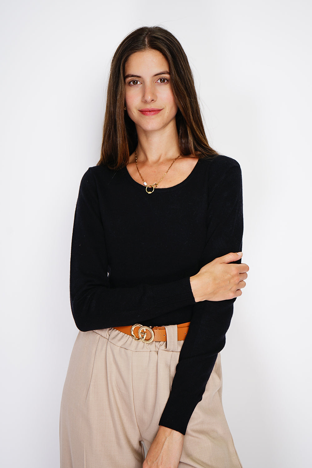 Maglione classico girocollo in maglia a 2 fili con maniche lunghe Nero