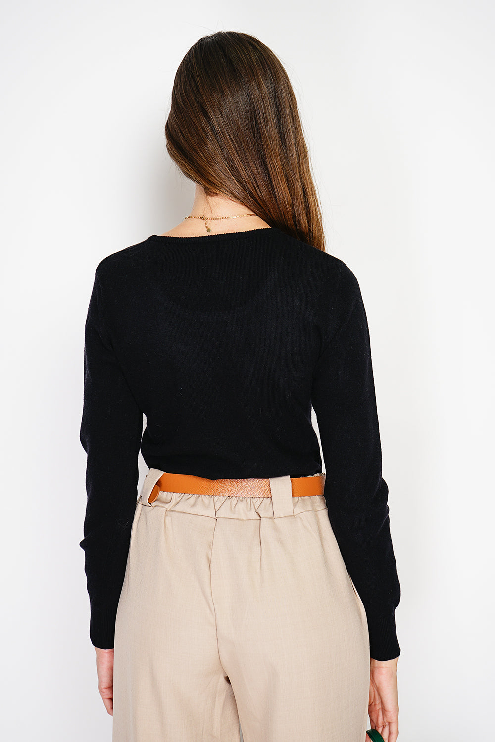 Maglione classico girocollo in maglia a 2 fili con maniche lunghe Nero