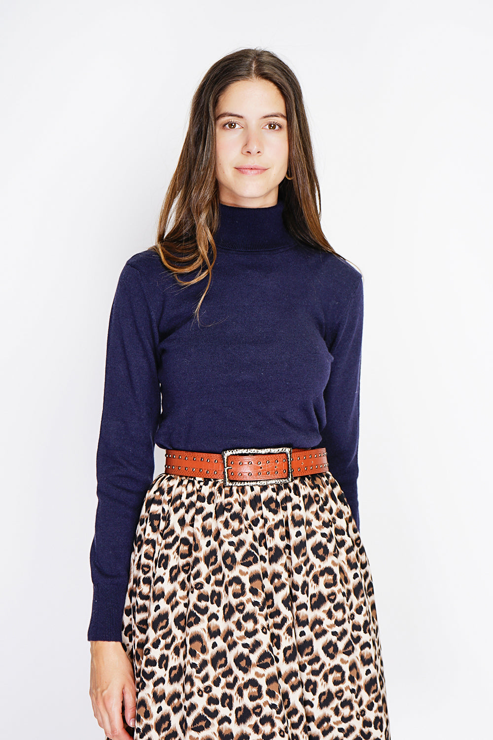 Classico maglione dolcevita in maglia a 2 strati con maniche lunghe Blu Notte