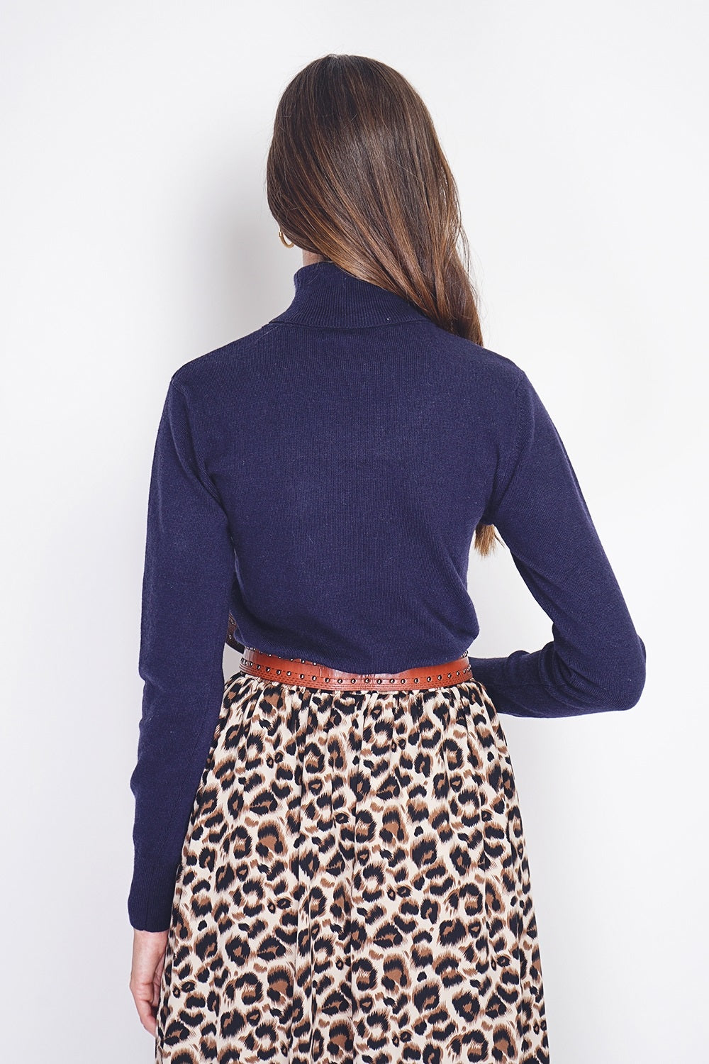 Classico maglione dolcevita in maglia a 2 strati con maniche lunghe Blu Notte